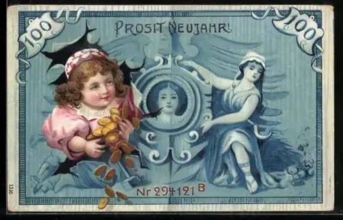 AK Gelschein und Mädchen mit Münzen