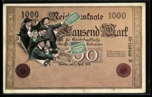 AK 1000 Mark Geldschein mit Männer mit Blumen