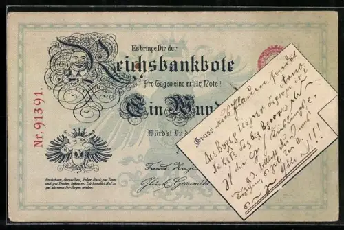 AK Geldschein Reichsbanknote, Geburtstag, Glücksschwein als Reichsadler