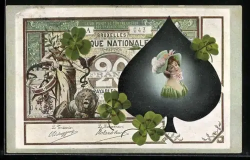AK Brüssel, Geldschein, Dame im Pik-Zeichen mit Glücksklee