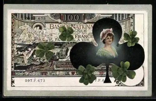AK Belgischer Geldschein mit Damenporträt und Kleeblättern