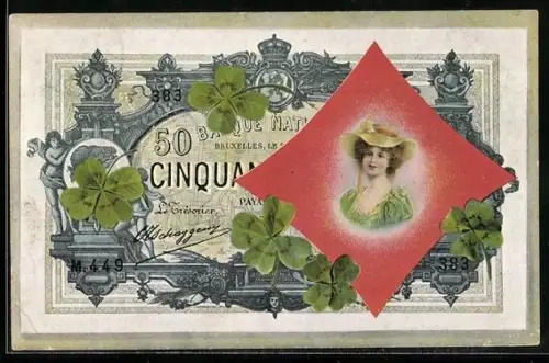 AK Geldschein Bruxelles mit Kleeblättern und Damenporträt