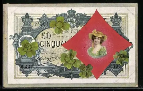 AK Banknote mit Damenporträt und Kleeblättern