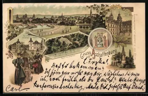 Lithographie Aschaffenburg, Kgl. weibl. Bildungs-Anstalt, Ruine im Schönthal, Schlosshof