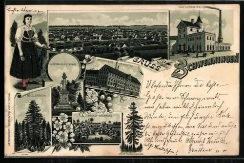 Lithographie Schwenningen / Villingen, Blick auf Bärenbrauerei, Kaiser Wilhelm Denkmal u. Neckar Ursprung