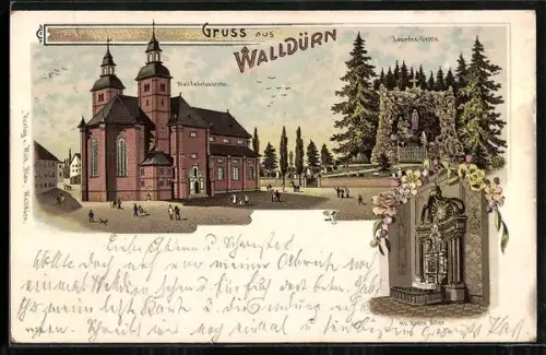 Lithographie Walldürn, Wallfahrtskirche, Lourdes-Grotte, Heiliger Blutsaltar um 1900