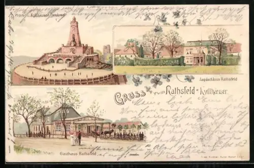 Lithographie Rathsfeld a. Kyffhäuser, Gasthaus Rathsfeld, Jagdschloss Rathsfeld, Kyffhäuser Denkmal