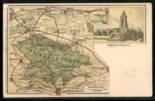 Lithographie Thürungen, Kyffhäuser-Landkarte und Denkmal
