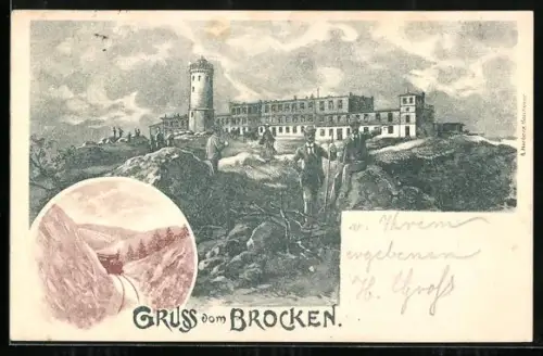 Lithographie Thale, Brockenhotel mit Aussichtsturm, Brockenbahn
