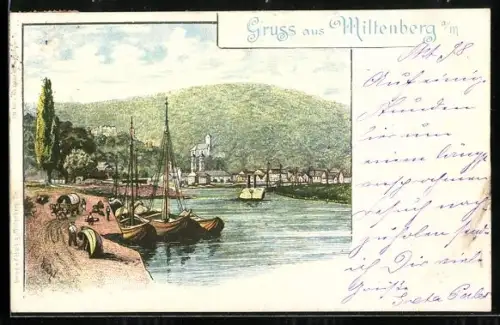 Lithographie Miltenberg a. M., Uferpartie