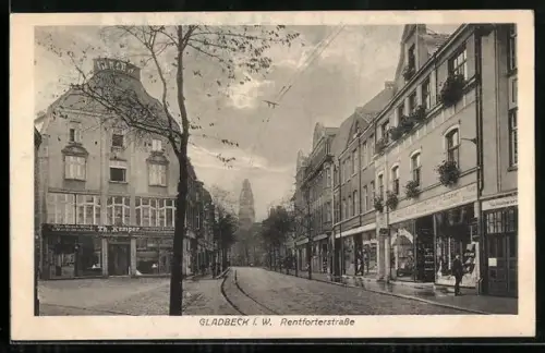 AK Gladbeck i. W., Rentforterstrasse mit Geschäft von Th. Kemper