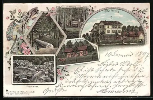 Lithographie Lautertal / Odenwald, Hotel Felsberg, Badehaus und Felsenmeer
