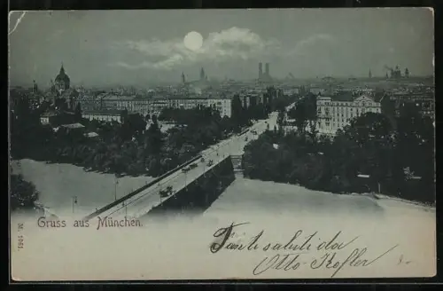 Mondschein-AK München, Panorama mit Brücke und Frauenkirche