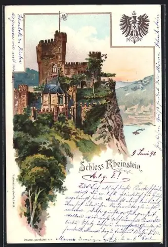 Lithographie Assmannshausen, Schloss Rheinstein, Totale und preussischer Adler