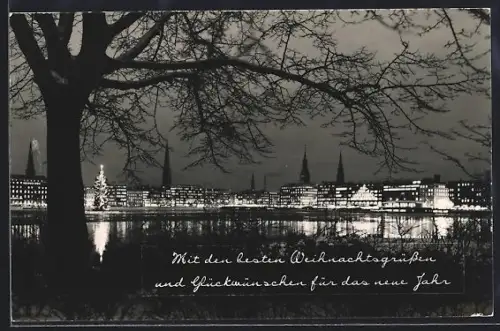 AK Hamburg, Illuminiertes Stadtpanorama mit Christbaum, Weihnachts- u. Neujahrsgruss