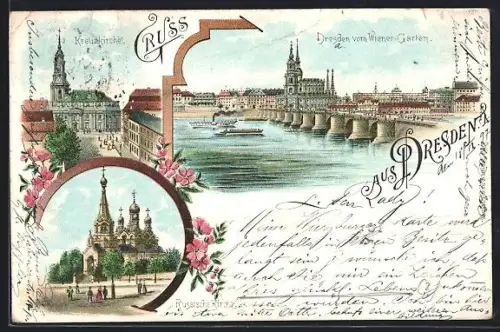Lithographie Dresden, Panorama vom Wiener Garten, Kreuzkirche, Russische Kirche