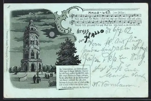 Mondschein-Lithographie Essen / Ruhr, Kaiser Wilhelm-Turm mit Reichsflagge auf dem Hallo, Lied von Stiller