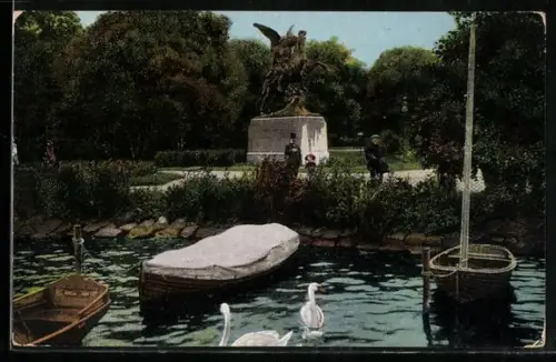 AK Hamburg, Alster, Walküren-Denkmal, Boote, Schwäne
