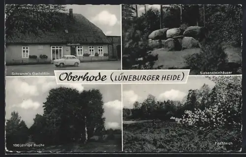 AK Oberhode /Lüneburger Heide, Schramm`s Gaststätte, Siebensteinhäuser, 1000jährige Buche, Fischteich