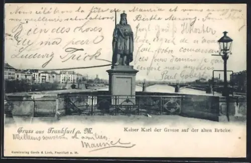 AK Frankfurt a. M., Kaiser Karl der Grosse auf der alten Brücke