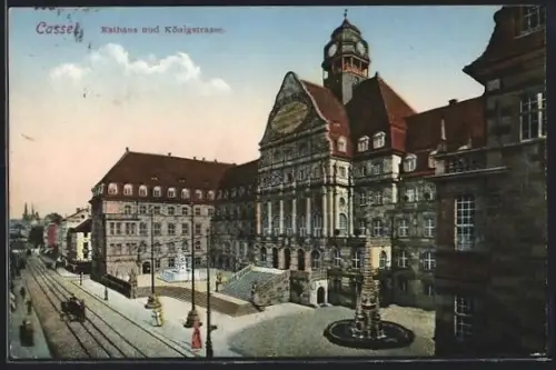 AK Cassel, Rathaus u. Königstrasse mit Denkmal