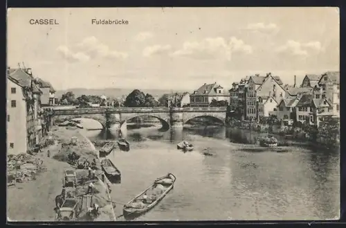AK Cassel, Fuldabrücke mit Frachtern aus der Vogelschau
