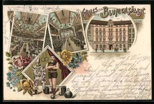 Lithographie München, Gasthof Blumensäle, Clown und Akrobat, Blumenstrasse