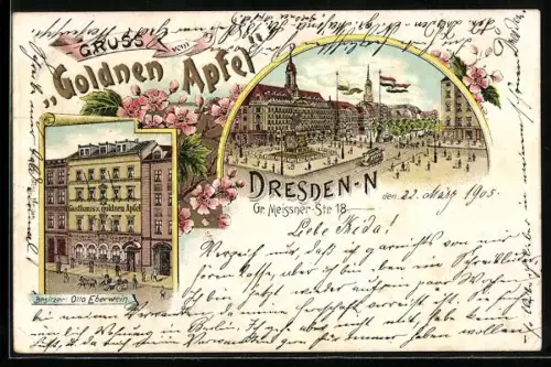 Lithographie Dresden, Gasthaus zum goldnen Apfel, Bes. Otto Eberwein, Grosse Meissner Strasse 18