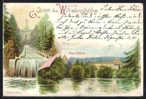 Lithographie Kassel /Wilhelmshöhe, Schloss, Cascaden