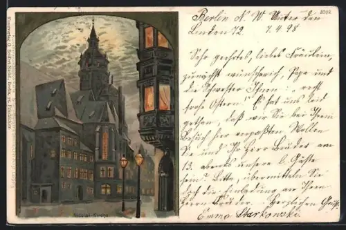 Lithographie Berlin, Nikolaikirche bei Nacht, Strassenlaternen, Fachwerkhaus