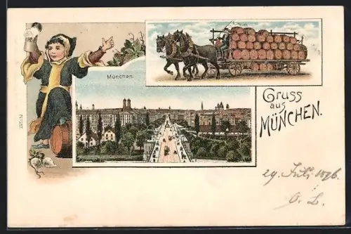 Lithographie München, Pferdekutsche mit Bierfässern, Münchner Kindl