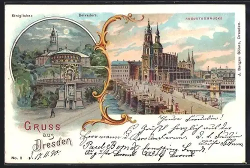 Lithographie Dresden, Partie an der Augustusbrücke, Königliches Belvedere