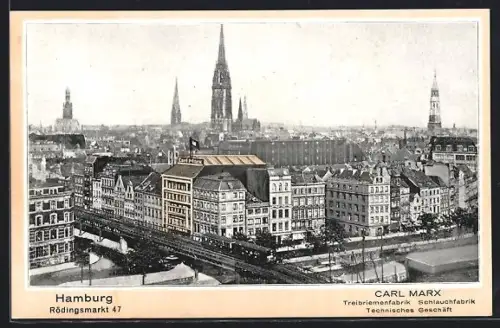AK Hamburg, Rödingsmarkt, Treibriemenfabrik Carl Marx, Stadtpanorama mit Kirchen
