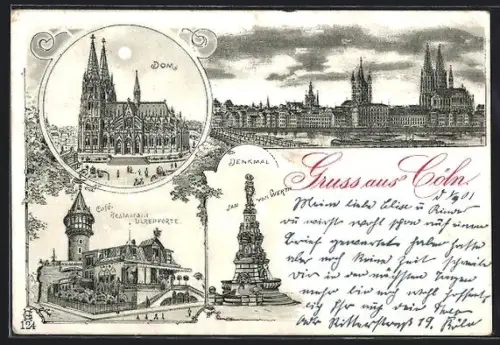 Lithographie Köln, Dom, Restaurant Ulrepforte, Denkmal Jan van Werth