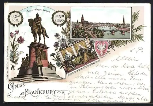 Lithographie Frankfurt, Friedenskonferenz 1871 im Hotel Schwan, Kaiser Wilhelm Denkmal, Panorama um 1900