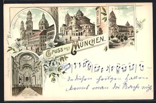 Lithographie München, St. Anna-Kirche, Theatinerhofkirche, Innenansicht