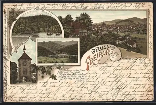 Lithographie Freiburg, Waldsee, Güntherstal und Panorama vom Loretto