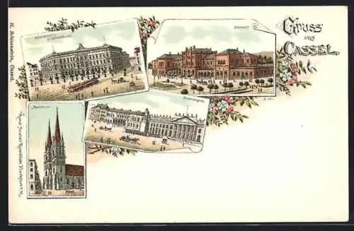 Lithographie Cassel, Postgebäude am Königsplatz, Bahnhof, Friedrichsplatz, Martiniskirche