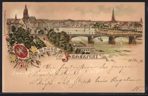 Lithographie Frankfurt, Brückenansicht mit Dampfern und Booten, Teilansicht