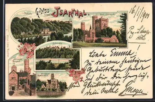 Lithographie Grünwald, Burg Schwaneck mit Burghof, Pullach, Grünwald, Fischerschlössl Ebenhausen