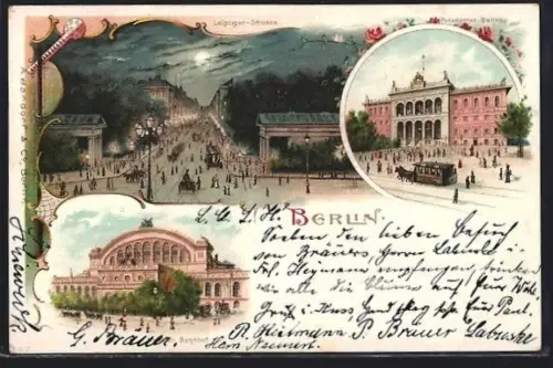 Lithographie Berlin, Anhalter Bahnhof, Potsdamer Bahnhof und Leipziger Strasse, Pferdebahn
