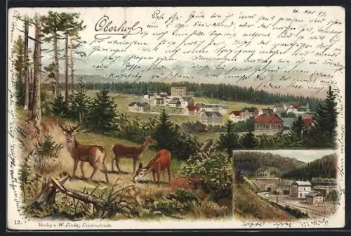 Lithographie Oberhof, Bahnhof, Blick auf die Ortschaft