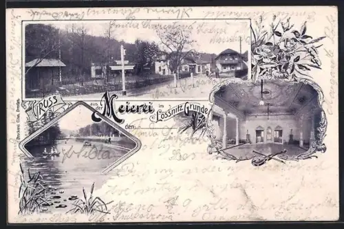 AK Lössnitz-Grund, Meierei, Gebäude, Teich, Saal