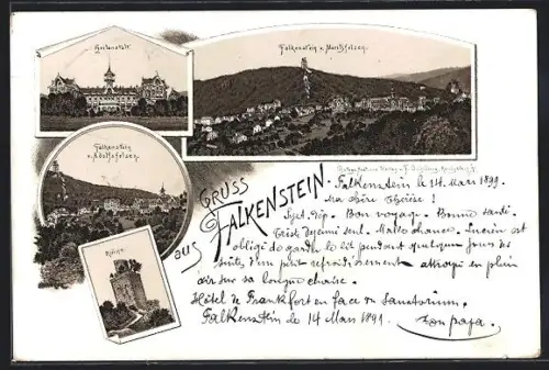 Lithographie Falkenstein, Heilanstalt, Burgruine, Ansicht vom Adolfsfelsen