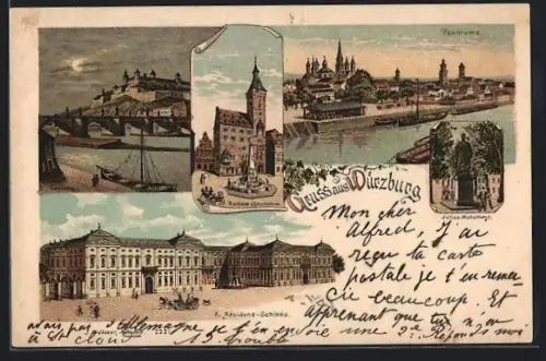 Lithographie Würzburg, Residenz-Schloss, Rathaus, Marienberg, Mainpanorama