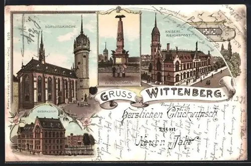 Lithographie Wittenberg, Schlosskirche, Kriegerdenkmal, Post, Gymnasium