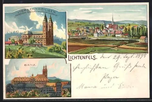 Lithographie Lichtenfels, Päpstliche Basilika Wallfahrtskirche Vierzehnheiligen, Schloss Banz