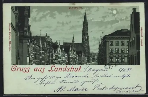 Mondschein-Lithographie Landshut, Altstadt, Ortspartie mit Kirche