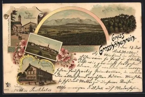 Lithographie Grosshöhenrain, Gasthof Franz Katzmeier und Kirche, Handlung Katzmeier