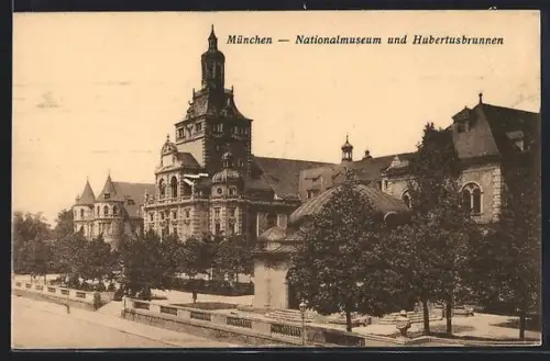 AK München, Nationalmuseum und Hubertusbrunnen